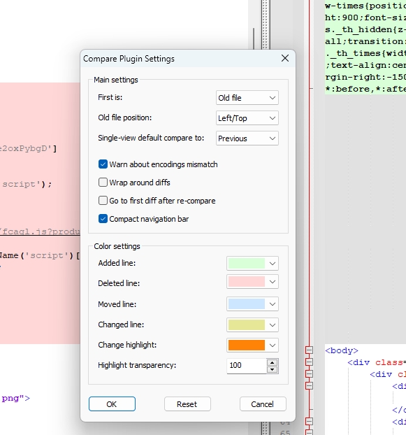 Notepad++ Compare Plugin Settings